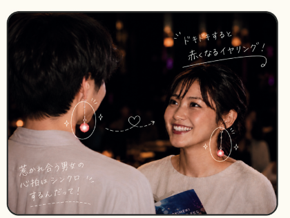心拍に合わせて光るe-lamp.イヤリングを着けて会話する参加者
